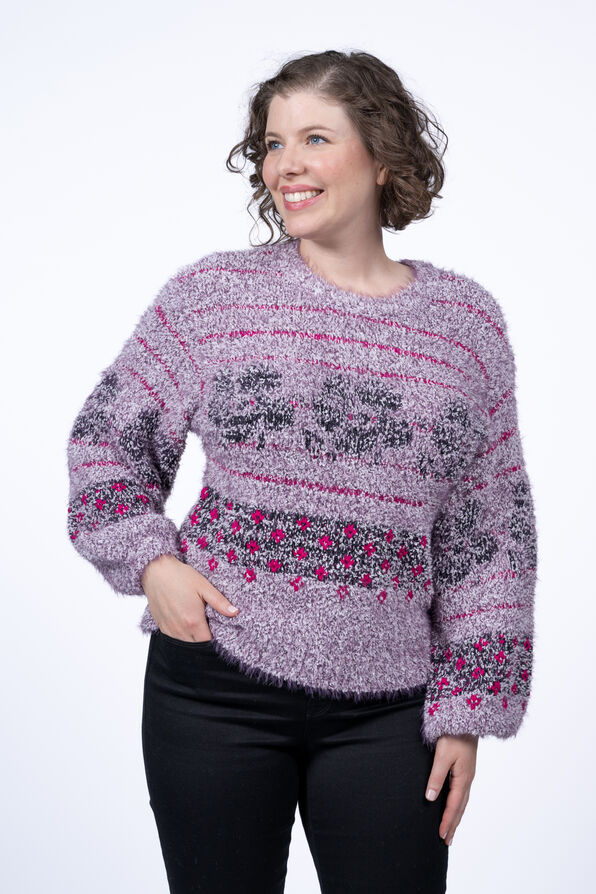 Long Sleeve Striped  Floral Sweater, Purple, original image number 0