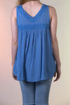 Sleeveless V-Neck Peasant Top with Embroidery, Blue, original image number 2