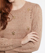 Jeweled Gem Eyelet Victorian-Sleeve Sweater, Taupe, original image number 2