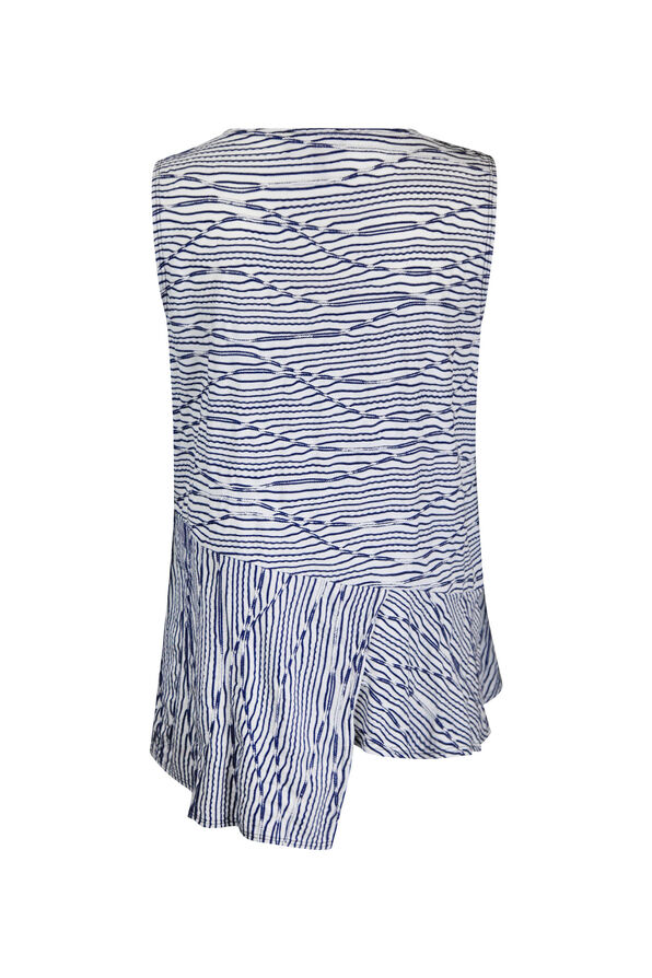 Sleeveless Stripe Top with Ruche and Asymmetrical Hem, Navy, original image number 1