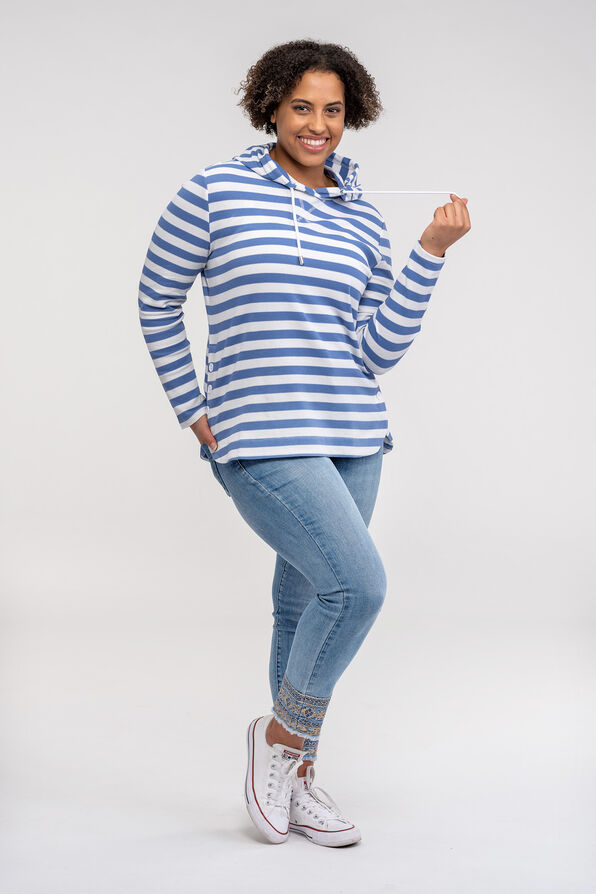 Striped Hooded Waffle Long Sleeve Top, Blue, original image number 1
