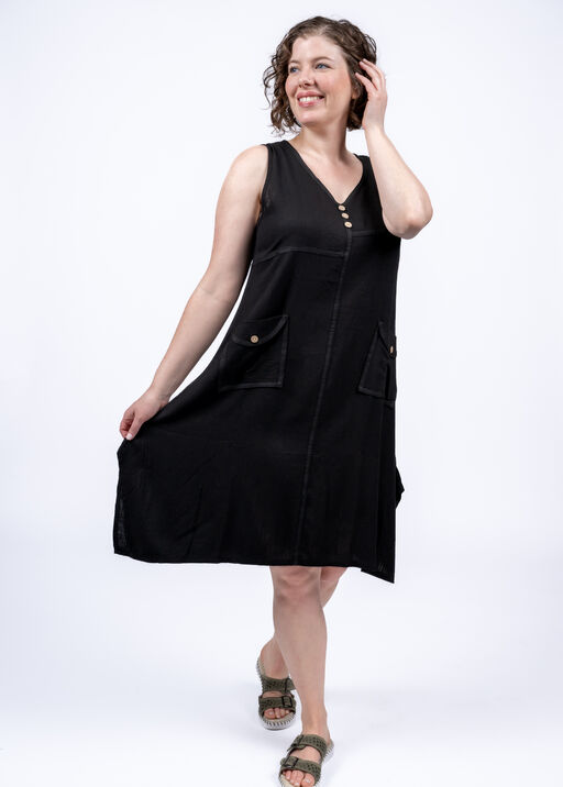 Sleeveless Linen Blend Midi Dress w/ Pockets, Black, original