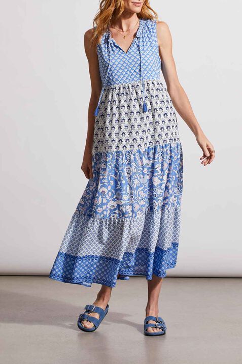 Printed V-Neck Maxi Dress w/ Drawcord Waist, Blue, original