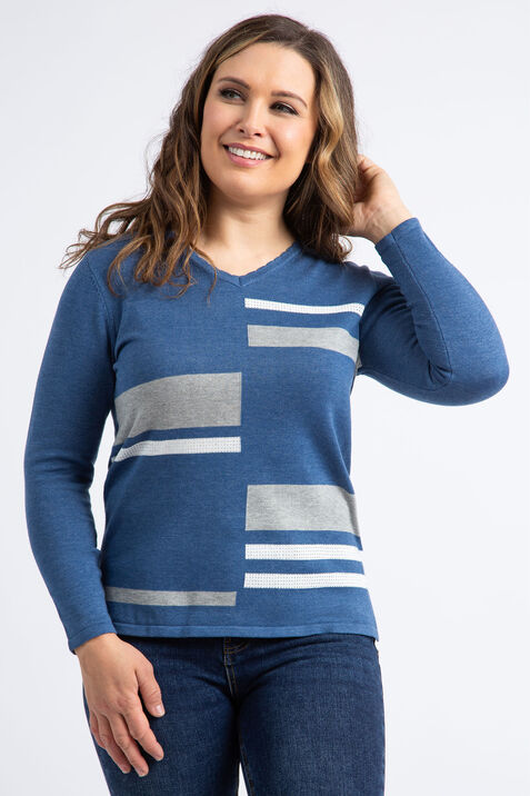 Scallop Trim V-Neck Sweater w/ Rhinestone Accents, Blue, original