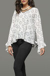 Peace and Floral Print Top with Bell Sleeves, White, original image number 2