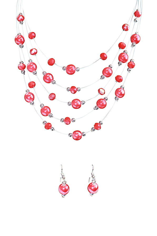 Multi-Strand Beaded Necklace Earring Set, Red, original image number 0
