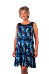 Sleeveless Floral Print Dress with Mesh Yolk, Blue, original image number 0
