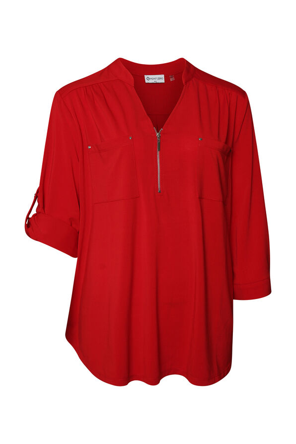 Modern V-Neck with Zipper Blouse, Red, original image number 0
