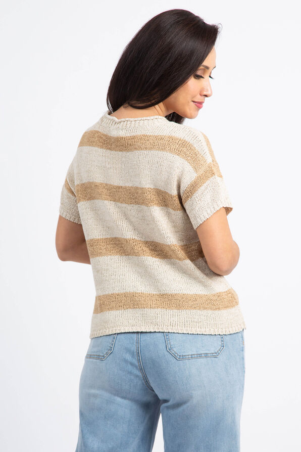 Striped Short Sleeve Knit Sweater, Beige, original image number 3