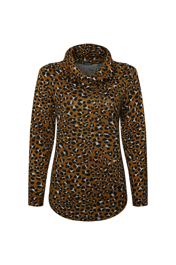 Animal Print Sweater with Shoulder Grommet, Yellow, original image number 0