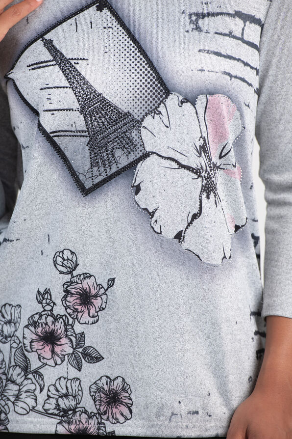 ¾ Sleeve Eiffel Flower Top, Grey, original image number 2