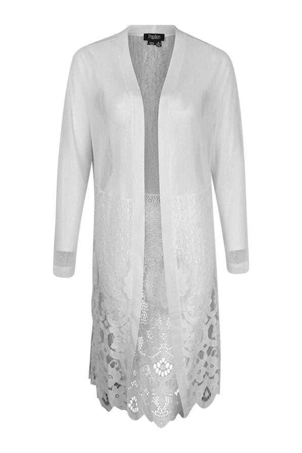Long Sheer and Lace Cardigan, White, original image number 1