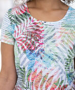 Embellished Tropical Short Sleeve Burnout Top, Multi, original image number 2