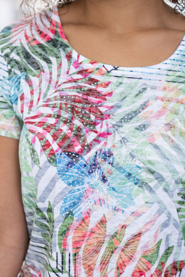 Embellished Tropical Short Sleeve Burnout Top, Multi, original image number 2