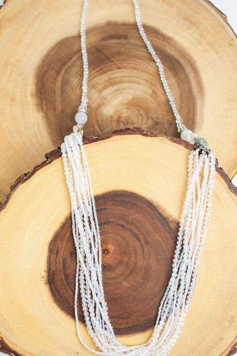 Long Beaded Necklace w/ Double Magnet Closure, White, original