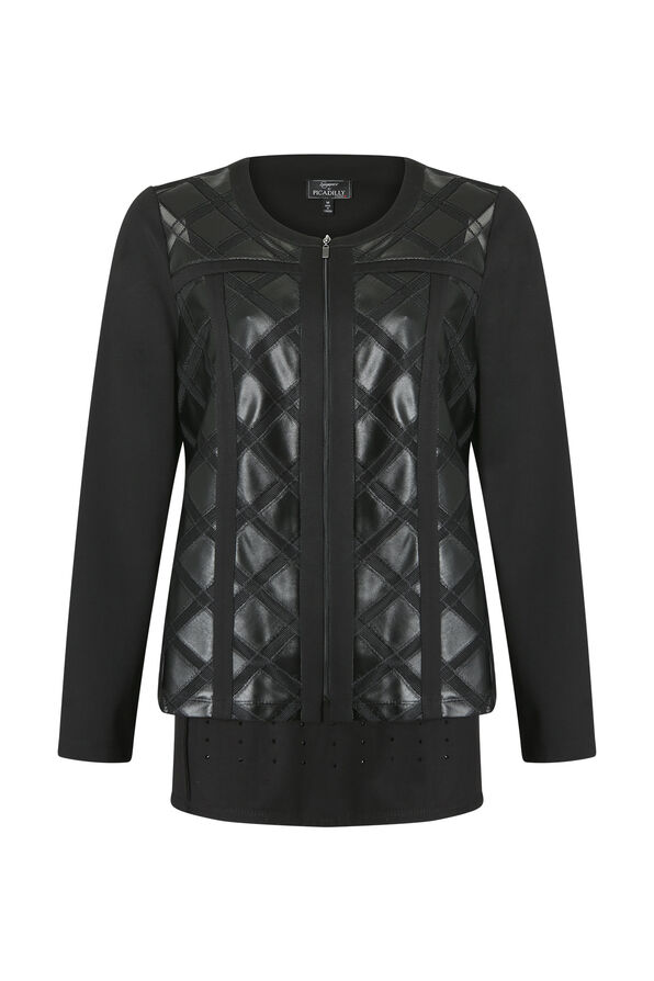 Diamond Pattern Faux Leather Jacket, Black, original image number 0
