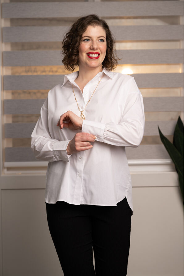 Long Sleeve Button-Up Blouse w/ Collar, White, original image number 2