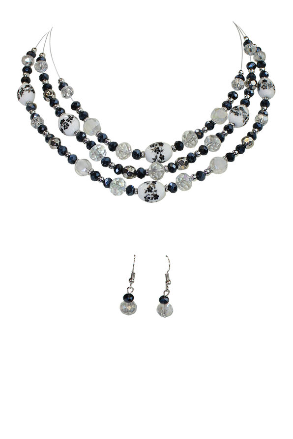 Floral Painted Bead Necklace Earrings Set, Black, original image number 0