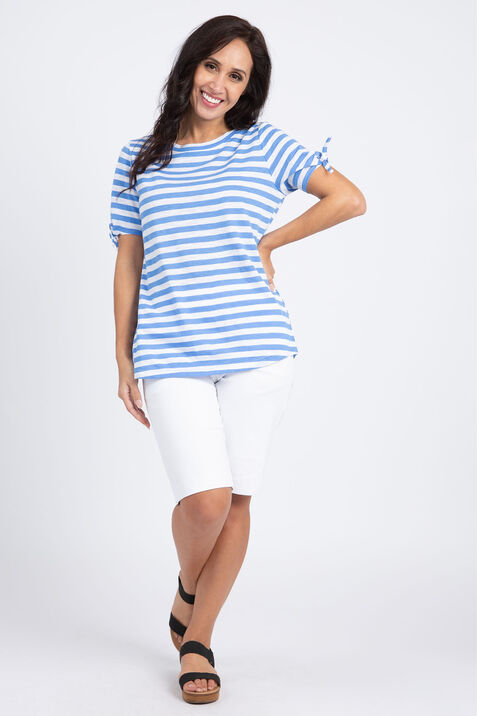 Knotted Sleeve Striped T-Shirt , Blue, original