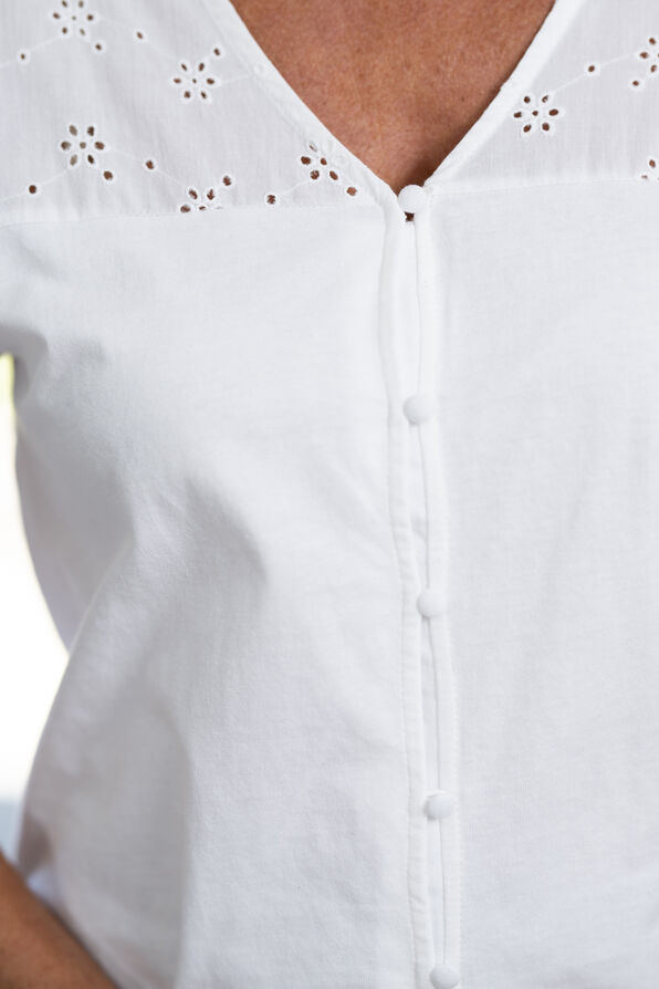 Short Sleeve Button-Up Eyelet Top, White, original image number 2