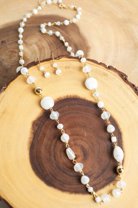 White & Gold Long Beaded Necklace Set, Gold, original