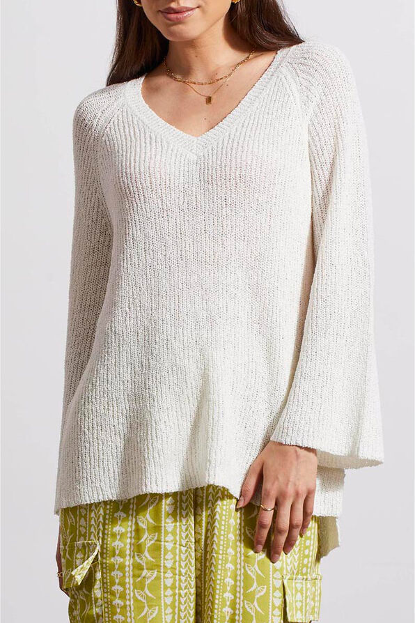 V-Neck Raglan Sweater w/ Bell Sleeve, Off White, original image number 0