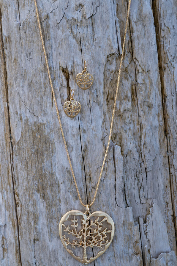 Tree of Life Heart Long Necklace Set , Gold, original image number 0