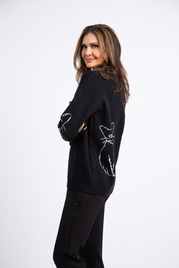 Long Sleeve Knit Sweater w/ Cats , Black, original image number 1