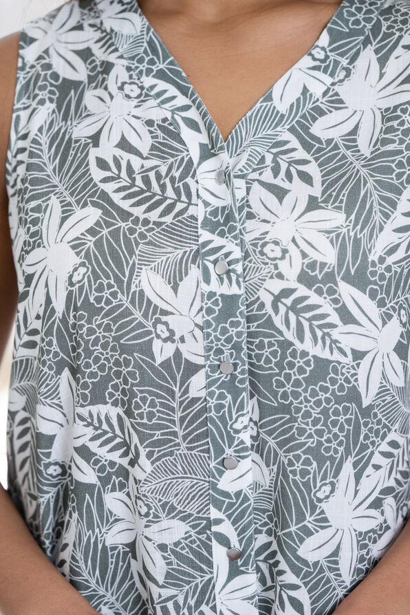 Sleeveless Tropical Button-Up Blouse, Green, original image number 2
