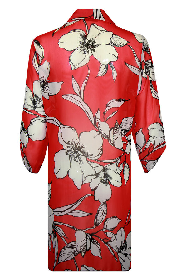 Long Floral Print Button Front Chiffon Blouse, Red, original image number 1