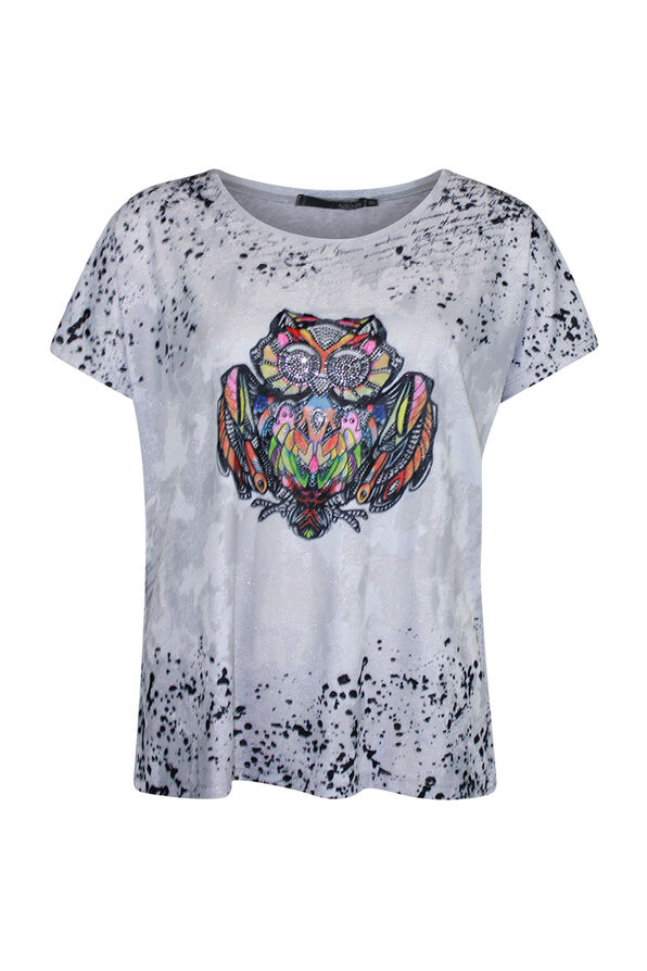 Owl Graphic T-Shirt with Hotfix Gems, White, original image number 0