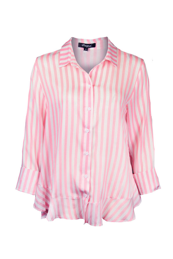 Striped Blouse with Ruffle Hi-Lo Hem, Pink, original image number 0
