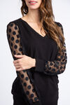 Black V-Neck Sweater w/ Sheer Polka Dot Sleeves, Black, original image number 3