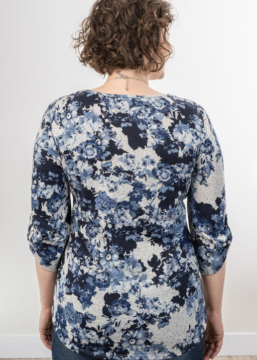 Blueberry Blue Floral Shirt With Ruchin Tab Sleeves , White, original