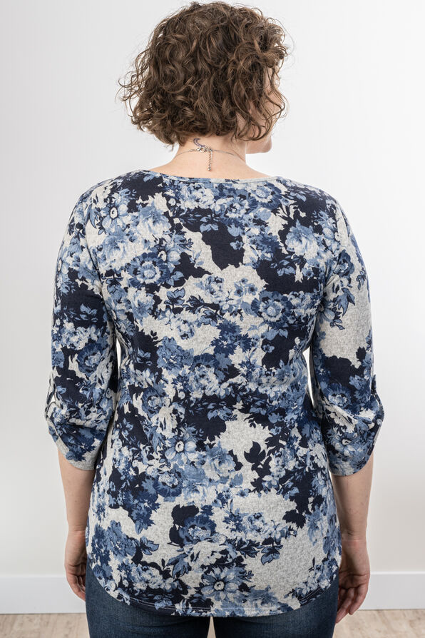 Blueberry Floral Ruchin Tab Sleeves Shirt, White, original image number 1