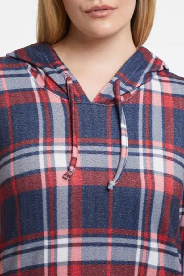 Relaxed Brushed Plaid Lightweight Airy Knit Hoodie Shirt, Red, original image number 2