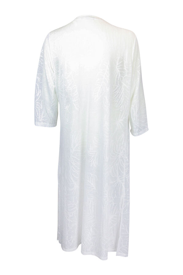 Sheer Long Cardigan with 3/4 Sleeve and  Leaf Embroidery, White, original image number 1