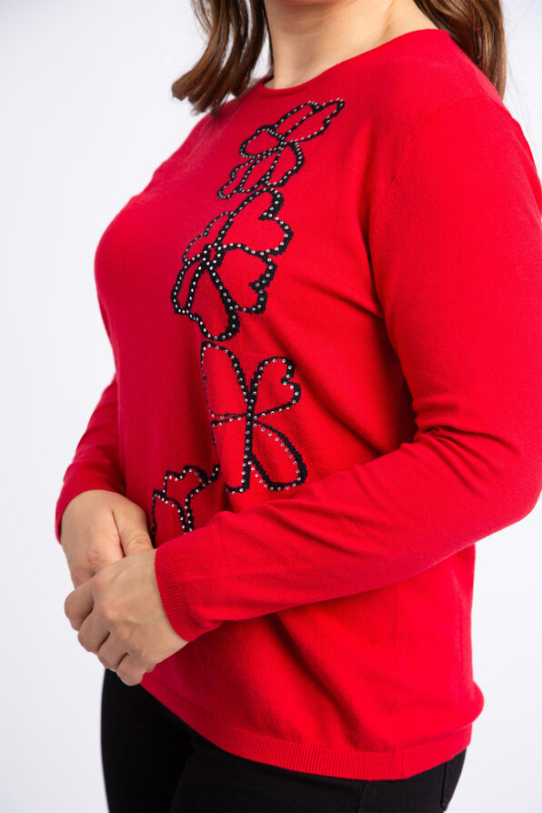 Long Sleeve Rhinestone Flower Sweater , Red, original image number 3
