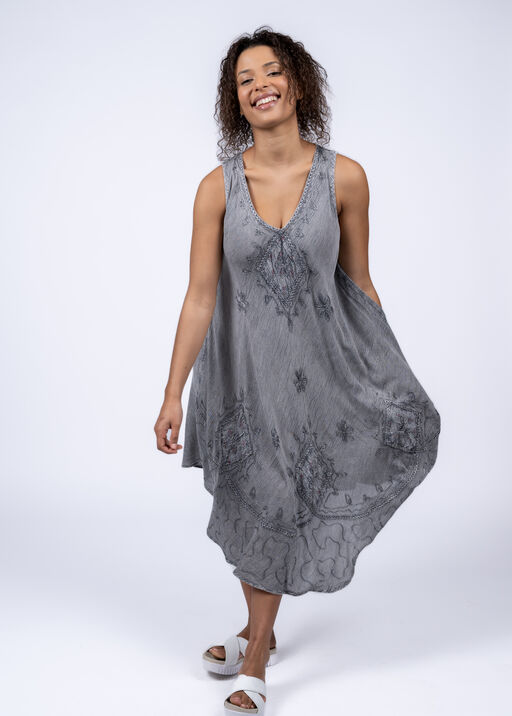 Sleeveless Embroidered Umbrella Dress, Grey, original