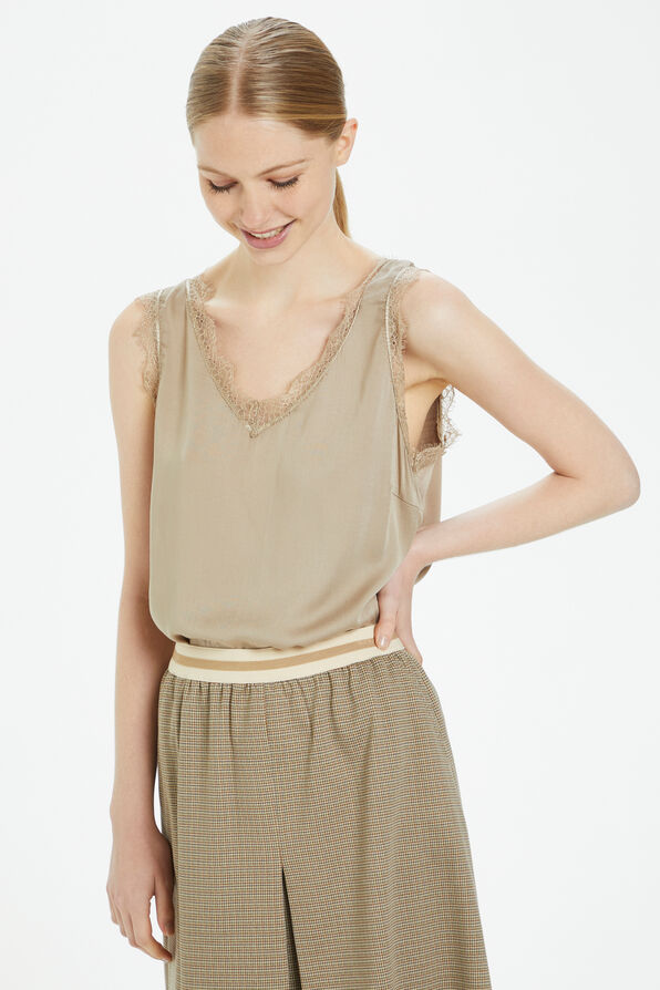 Cream Alena Stretch Lace Trimmed Tank Top, Taupe, original image number 0