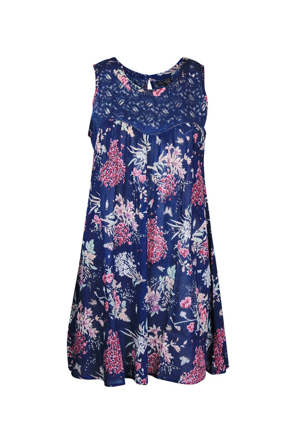 Lace and Floral Sleeveless Tunic, Navy, original image number 0