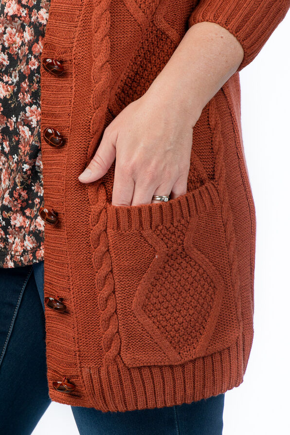 Cable-Knit Button-Up Pocket Cardigan, Rust, original image number 4