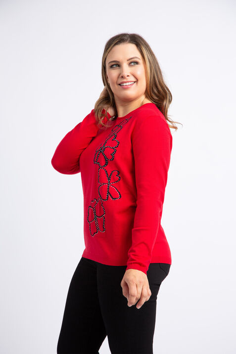 Long Sleeve Rhinestone Flower Sweater , Red, original