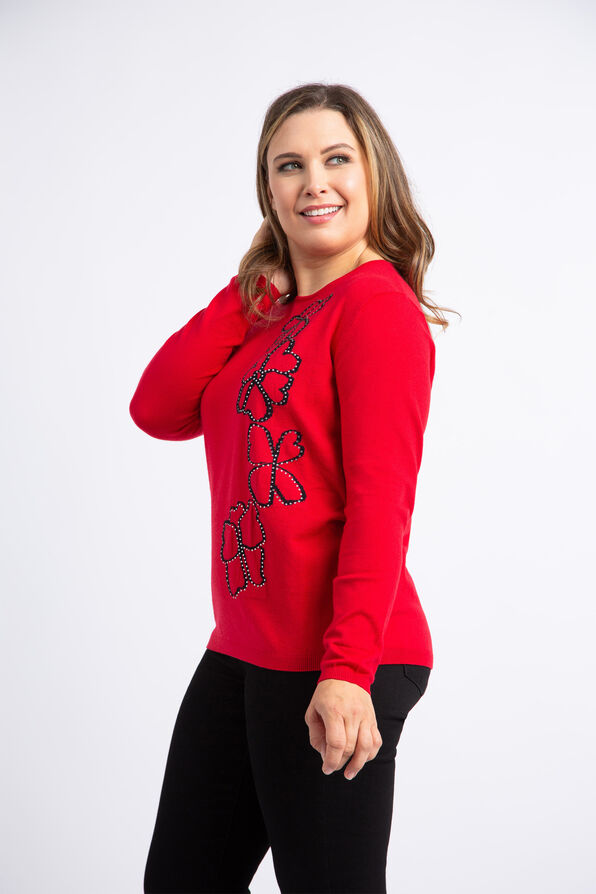 Long Sleeve Rhinestone Flower Sweater , Red, original image number 1