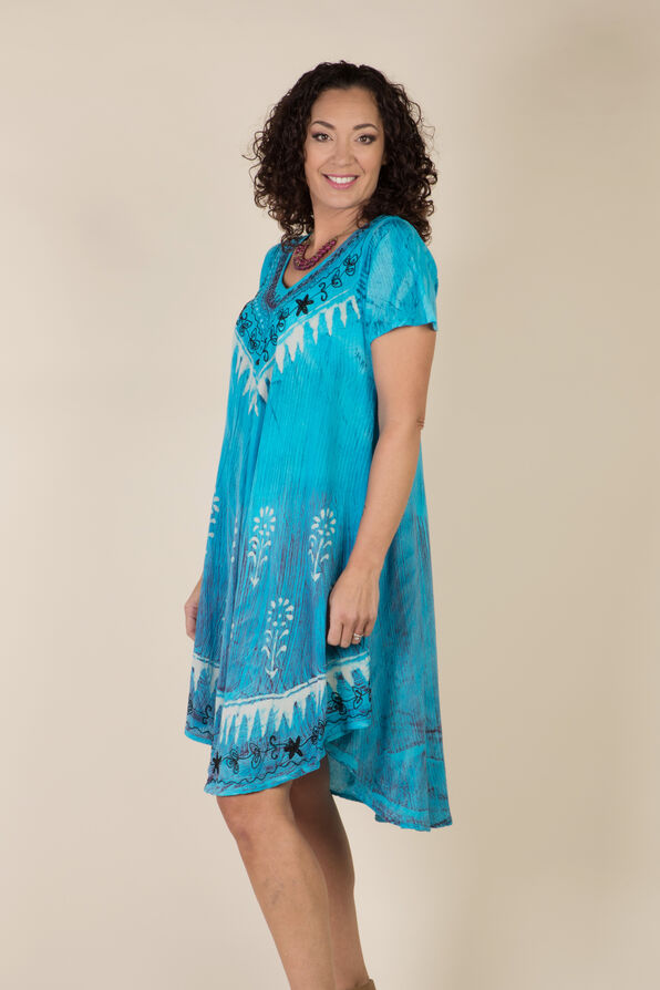 Short Sleeve Embroidered Trim Swing Dress, Turquoise, original image number 3