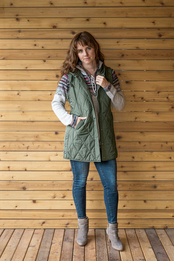 Quilted Diamond Fall-To-Winter Hooded Puffer Vest, Olive, original image number 2