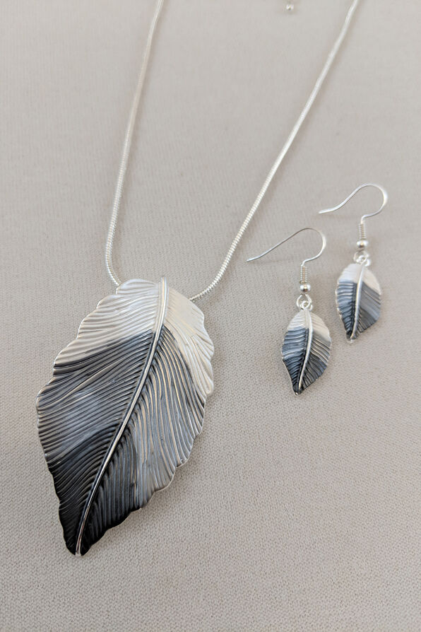 Lush Feather Necklace and Earring Set, Grey, original image number 2