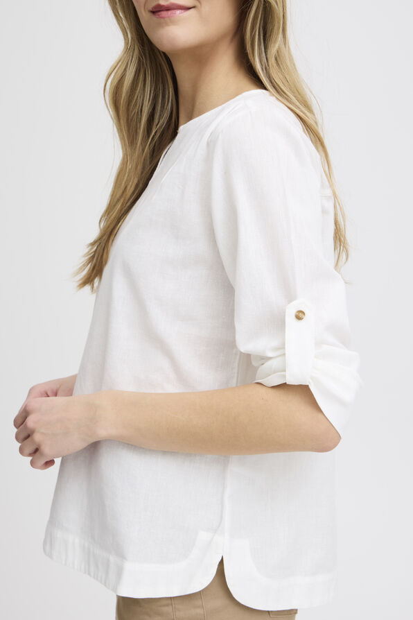 Notched Neck Roll Tab Sleeve Top, White, original image number 3