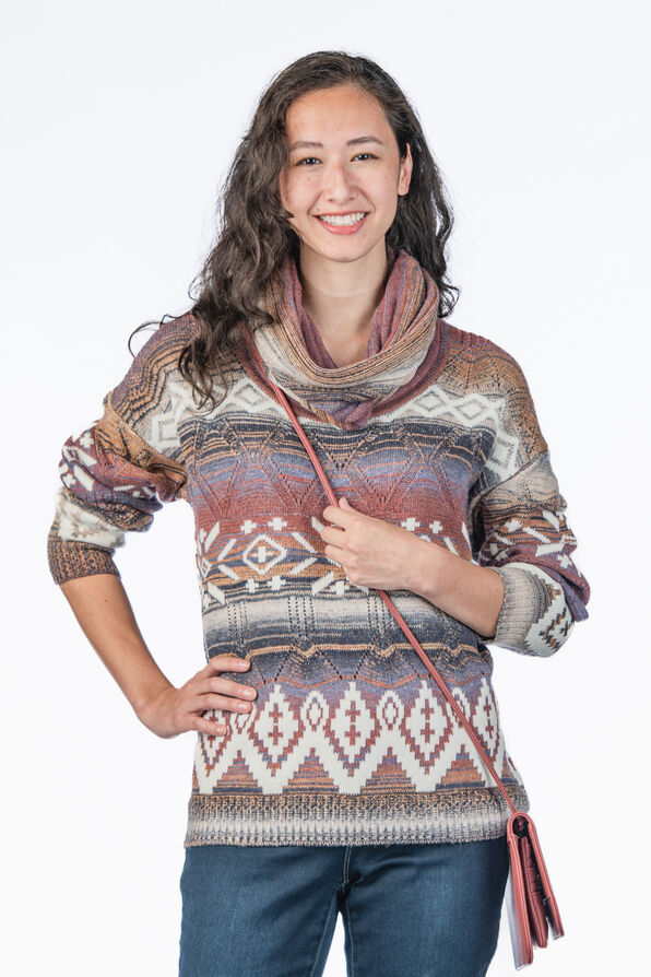Colorful Cowl Turtleneck Tribal Printed Sweater, Multi, original image number 0