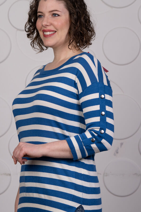 Striped Crewneck Top with Side Buttons, Blue, original image number 1